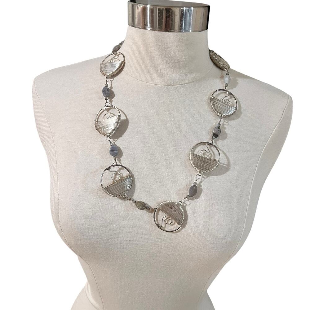 Vintage Modernist Artisan Silver Tone Cirucular Wire & Gemstone Long Necklace